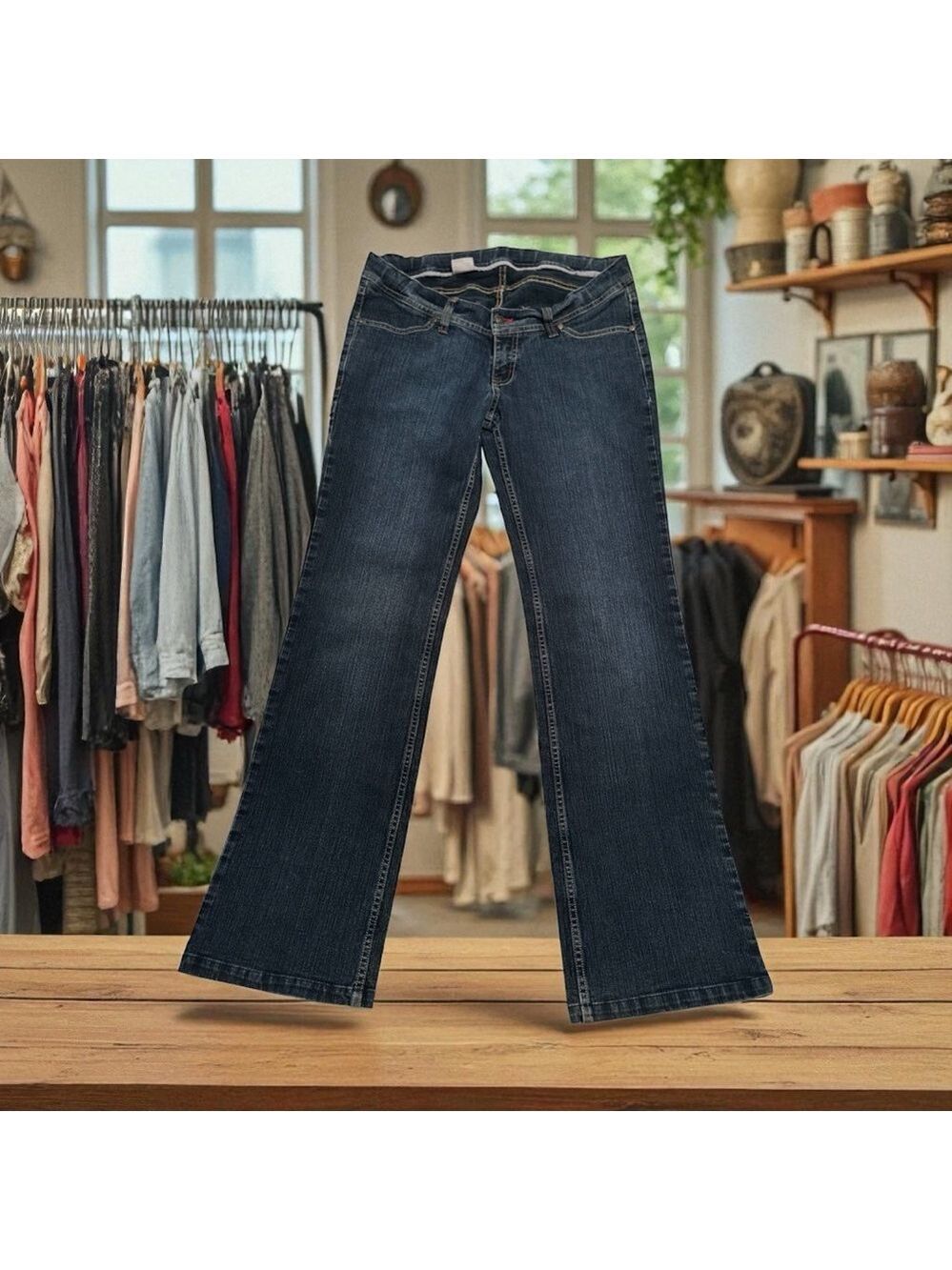 EB Elly B By Olian Bootcut Denim Jeans Low-Rise Womens Medium Long 32” BLUE Peru